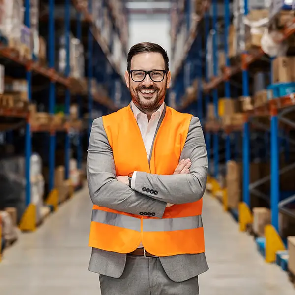 Happy business owner standing in a warehouse of products